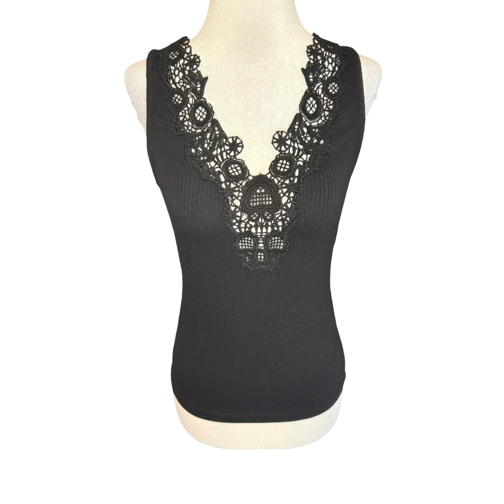 Madewell Black Lace-Trim V-Neck Tank NZ389 Womens XS New